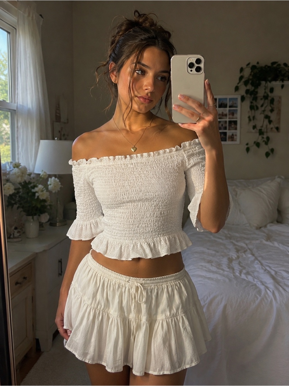 American Eagle White Smocked Off Shoulder Eyelet Ruffle Top XS